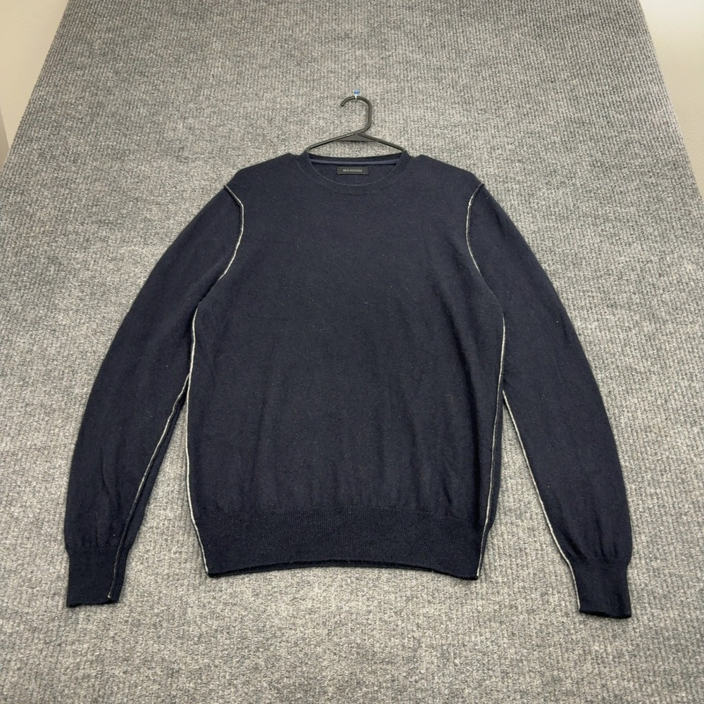 Naadam Sweater Mens M Navy Wool Cashmere Blend Contrast Trim Crewneck Minimalist